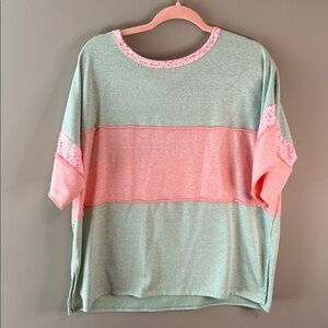 Hopely‎ Green and Pink Leopard Colorblock Top Large